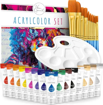 Produktbild von Van Gaunet Acrylfarben Set – 16 Acryl Farben mit 75ml Pigment & 10 Pinsel – Wasserfestes ungiftig