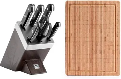Imagen del producto de Bloque de cuchillos autoafilables, juego de 7 piezas, con bloque de madera, cuchillos y tijeras de acero inoxidable especial, con mangos de plástico. Modelo Gourmet & 30772400. Tabla de cortar de bambú, grande