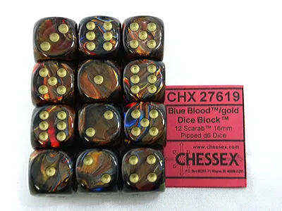 Productafbeelding van Chessex Chessex Scarab, Blauw Bloed, Gouden D6 dobbelstenen, 16mm, set van 12 stuks