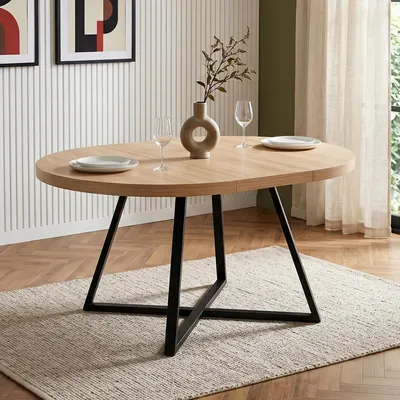 Produktbild von MODFU Runder Esstisch Eichenfarbe Ausziehbarer Esstisch mit verdickte Tischplatte und Metallbeinen für 4–6 Personen Minimalistischer Stil Eiche