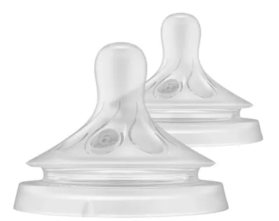 Two clear baby bottle nipples are shown against a white background.