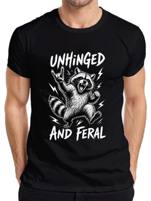 Obrázok produktu pre "UNHINGED AND FERAL" – Tričko s potlačou "Waschbär Rocker Trash Statement", sarkastické, punkové, pánske, čierna farba, veľkosť XL