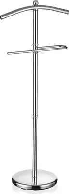 A chrome-plated valet stand with a curved top bar for hanging clothes and a lower bar for trousers, set against a plain white background.