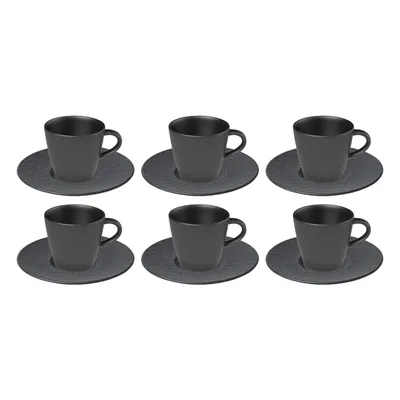 Six coffee cups with saucers arranged in two rows of three.