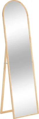 A full-length mirror with a wooden frame, standing on a white background.