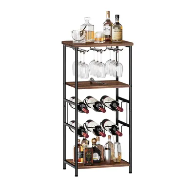 A freestanding wine rack with a tabletop, glass holder, and space for six bottles, displayed on a white background.