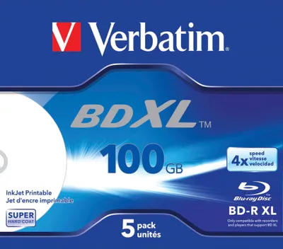 Produktbild von Verbatim BD-R XL 100 GB* 4x, mit Tintenstrahldrucker großflächig bedruckbar, Jewel Case, 5er-Pack, 100 GB, BD-R, Jewelcase, 5 Stück(e)