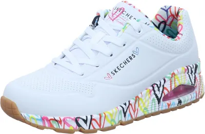A single white sneaker with colorful graffiti-style artwork on the sole and inner lining.