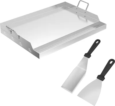 Productafbeelding van JOIEYOU Tuinbarbecueplaat, 2 mm dik, massief staal, grillplaatset met 2 spatels, handgreep en vetopvangbak. Universele grillplaat voor gas- en houtskoolbarbecues. Plancha-grillbakken voor feesten (61x41x7 cm)