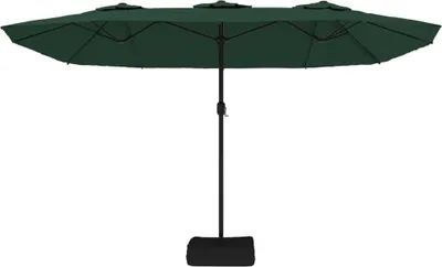 A dark green double patio umbrella with a black base and pole, shown against a white background.