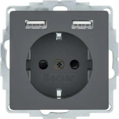 Produktbild von Berker 48036086, Type F + 2 x USB A, USB 2.0, Anthrazit, Thermoplast, IP20, 250 V
