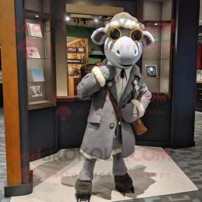 Produktbild von Graues REDBROKOLY Schaf Maskottchen kostüm gekleidet in eine Anzugjacke und Baskenmützen