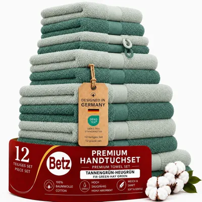 Zdjęcie produktu dla Betz 12-częściowy zestaw ręczników PREMIUM 2 ręczniki prysznicowe 4 ręczniki do rąk 2 ręczniki dla gości 2 mydelniczki 2 myjki Kolor: zieleń siana / zieleń jodły, productTiles.product.images.aiGenerated