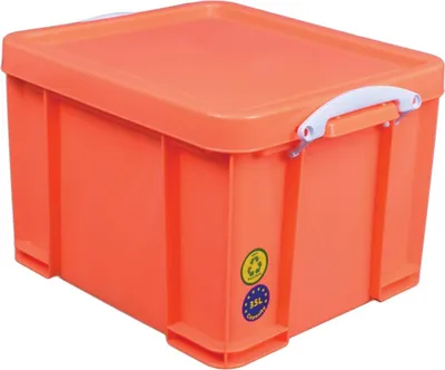 Produktbild von Really Useful Box – Box Aufbewahrungsbox 35 Liter, neonorange mit weißen Griffen