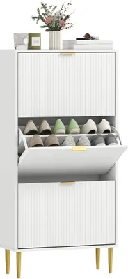 Image de HOMCOM Meuble à chaussures 18 paires, armoire à chaussures étroite moderne avec 3 tiroirs rabattables, portes cannelées et étagères réglables, pour couloir et entrée, 60 x 24 x 128 cm, blanc