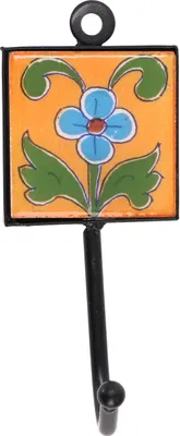 Produktbild von Wandhaken, Garderobenhaken mit Handgefertigter Blue Pottery Fliese (5*5 cm) - Modell 7, Gelb, Keramik,Metall, Wandhaken aus Holz, Metall & Keramik
