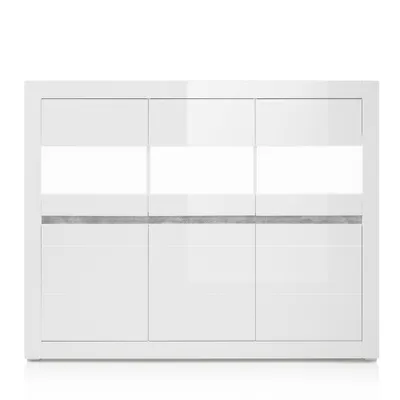 Produktbild von Vitrinen-Highboard in weiß Hochglanz inkl. LED und mit Griffmulden in Betonoptik COGO-61 BxHxT: 164x131x42cm