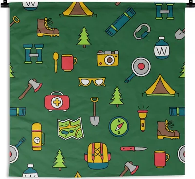 Produktbild von MuchoWow® Wandteppich Wandbehang Camping - Zelt - Axt - Rucksack 60x60 cm Tapisserie Dekoration Wandtuch - Dekorationen - Wand Decke