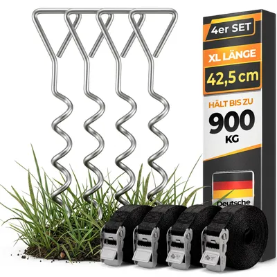 Produktbild von MONZANA® 4 Bodenanker Trampolin 42,5cm 5 Windungen 900kg Verstellbare Gurte Rostfrei Sicherung Set Erdanker Befestigung Pavillon Gartenhaus Schaukel