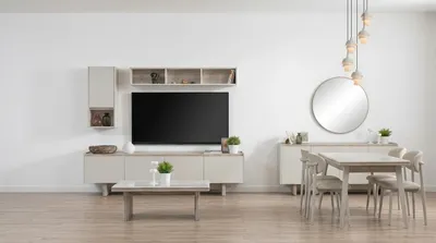 Immagine prodotto di Set completo di mobili moderni beige per soggiorno e sala da pranzo, Immagine generata dall'IA