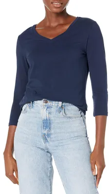 Produktbild von Amazon Essentials Damen-T-Shirt mit 3/4-Ärmeln und V-Ausschnitt (erhältlich in Übergröße), Marineblau, Größe S