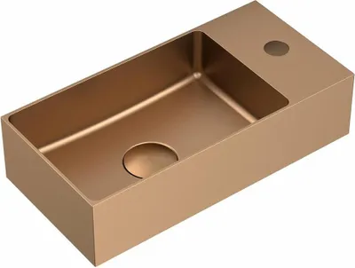 A copper-colored sink with a drain hole and a faucet hole on a white background.