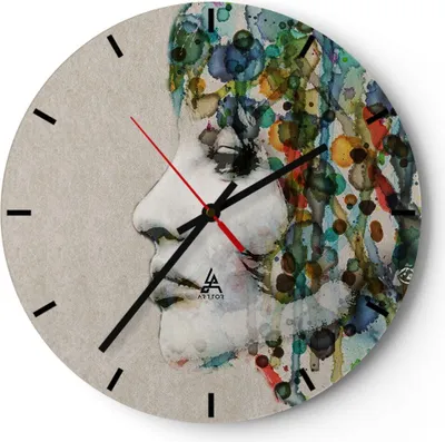 Produktbild von Wanduhr - Rund - Glasuhr - Gesicht Frau - 30x30cm - Schleichendes Uhrwerk - Lautlos - zum Aufhängen bereit - Dekoration Modern - Wanddekoration aus Glas - C3AR30x30-3533