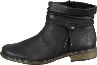 A black leather ankle boot is shown against a white background.
