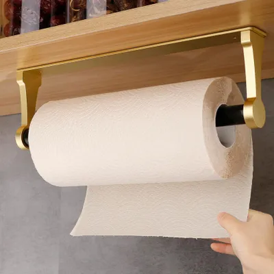 Image de Porte-rouleau de papier essuie-tout sans perçage, porte-papier toilette en alliage d'aluminium, porte-papier toilette autocollant pour la cuisine, la salle de bains et le salon – or mat
