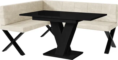 Produktbild von MEBLINI Eckbank für Esszimmer mit ausziehbarem Tisch - Küchenbank - Essecke - Sitzecke Küche - PETER - X-Beine 128x168x87cm Links - Creme Samt/M Schwarz Hochgl.
