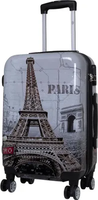 A suitcase with a Paris-themed design.