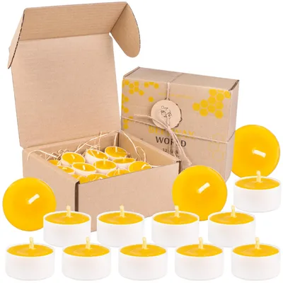 Immagine prodotto di Candele realizzate al 100% con cera d'api – candele a forma di tazza con stoppini in cotone – tempo di combustione: 4 ore – set di candele da 10, 50 o 32 pezzi (bianche)