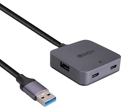 Obrázek produktu pro Lindy 43388, USB 3.2 Gen 1 (3.1 Gen 1) Type-A, USB 3.2 Gen 1 (3.1 Gen 1) Type-A, USB 3.2 Gen 1 (3.1 Gen 1) Type-C, 5000 Mbit/s, Černá, Šedá, Hliník, Plast, 5 m