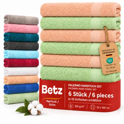 Image de Ensemble de serviettes Betz Palermo – Pack de 6 serviettes de 50x100 cm – 100% coton, serviettes pour la salle de bain, les invités et l'usage quotidien – qualité supérieure, couleurs abricot et vert
