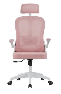A pink ergonomic office chair with a mesh back and headrest, shown from the front on a white background.