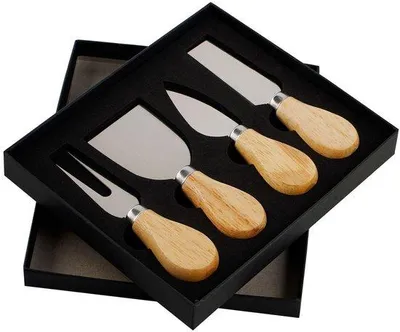 Image de Set de couteaux à fromage en bois, couteau à fromage en acier inoxydable, 4 pièces, coffret cadeau