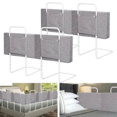 Produktbild von Ikodm 4x Bettgitter 50cm Leinenfarbe, Bettschutzgitter Set, 5-Loch höhenverstellbar, Rausfallschutz Kinderbettgitter für Babybett & Familienbett