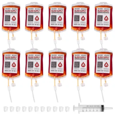 Productafbeelding van Pack van 10 halloween-drinkvaten - Bloedzakken voor het vullen - Drankencontainer met spuitclips - Bloedgroepsticker