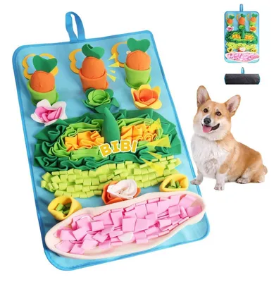 Zdjęcie produktu dla Dywan węchowy dla psów z 3 piszczącymi marchewkami, 80x45 cm, niebieski, można prać, antypoślizgowy