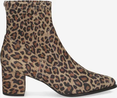 A single leopard-print ankle boot is shown from the side against a white background.