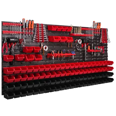 Immagine prodotto di Pannello portautensili a parete 172x78 cm con 101 pezzi. Scatole da appendere con set di supporti in plastica