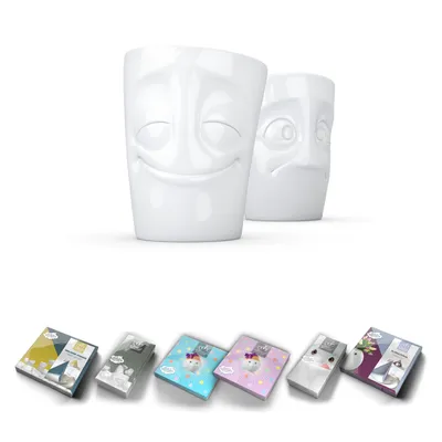 Produktbild von Fiftyeight Becher Set Nr. 2 vergnügt + verdutzt + Servietten OHNE HENKEL weiß