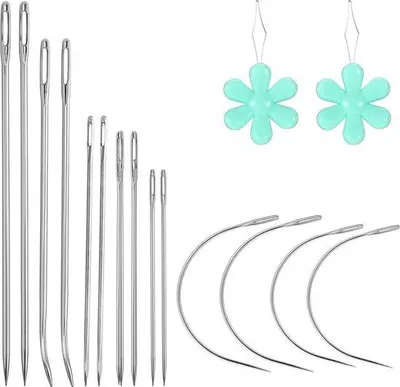 Image de Jeu d'aiguilles courbées multifonctionnelles - 16 pièces - pour la couture du cuir - avec 2 porte-aiguilles.