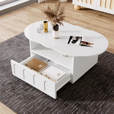 Image de MODFU Table Basse de Salon Design Nuage, avec Tiroir et Compartiments de Rangement, Panneau de Particules Blanc 100×60×39,2 cm
