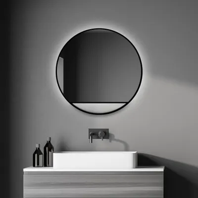 Image de Miroir de salle de bain avec éclairage Talos Black Hole Light Matt Ø 60 cm miroir mural - miroir éclairé avec lumière blanche neutre - cadre en aluminium noir mat de haute qualité - miroir de salle de bain