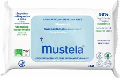 Obrázok produktu pre Mustela, Chusteczki oczyszczające kompostowalne z wodą, od dnia narodzin, 60 sztuk