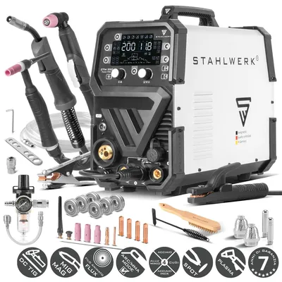 Immagine prodotto di Saldatrice ad arco schermato a gas STAHLWERK 6-in-1 Combi CTM-250 Puls Pro - TIG, MIG/MAG, MMA (MMA) e FLUX fino a 200 A, tagliatore al plasma (CUT) fino a 45 A