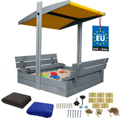 Produktbild von KOTARBAU® Sandkasten mit Abdeckung 100 x 100 cm Großer Grau Holzsandkasten mit Gelb Dach Sandkasten mit Deckel Sandkasten mit Dach Gartenspielzeug Kinder imprägniert verschließbar mit Bänken