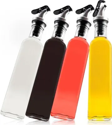 Zdjęcie produktu dla Zestaw dozownika octu i oleju - 4 szklane butelki 250 ml - metalowy lejek - etykiety - szczelny i niekapiący - pokrywka zapobiegająca rozlaniu