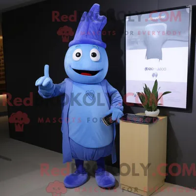 Produktbild von Maskottchenfigur REDBROKOLY einer blauen Rübe mit Etuikleid und Digitaluhren